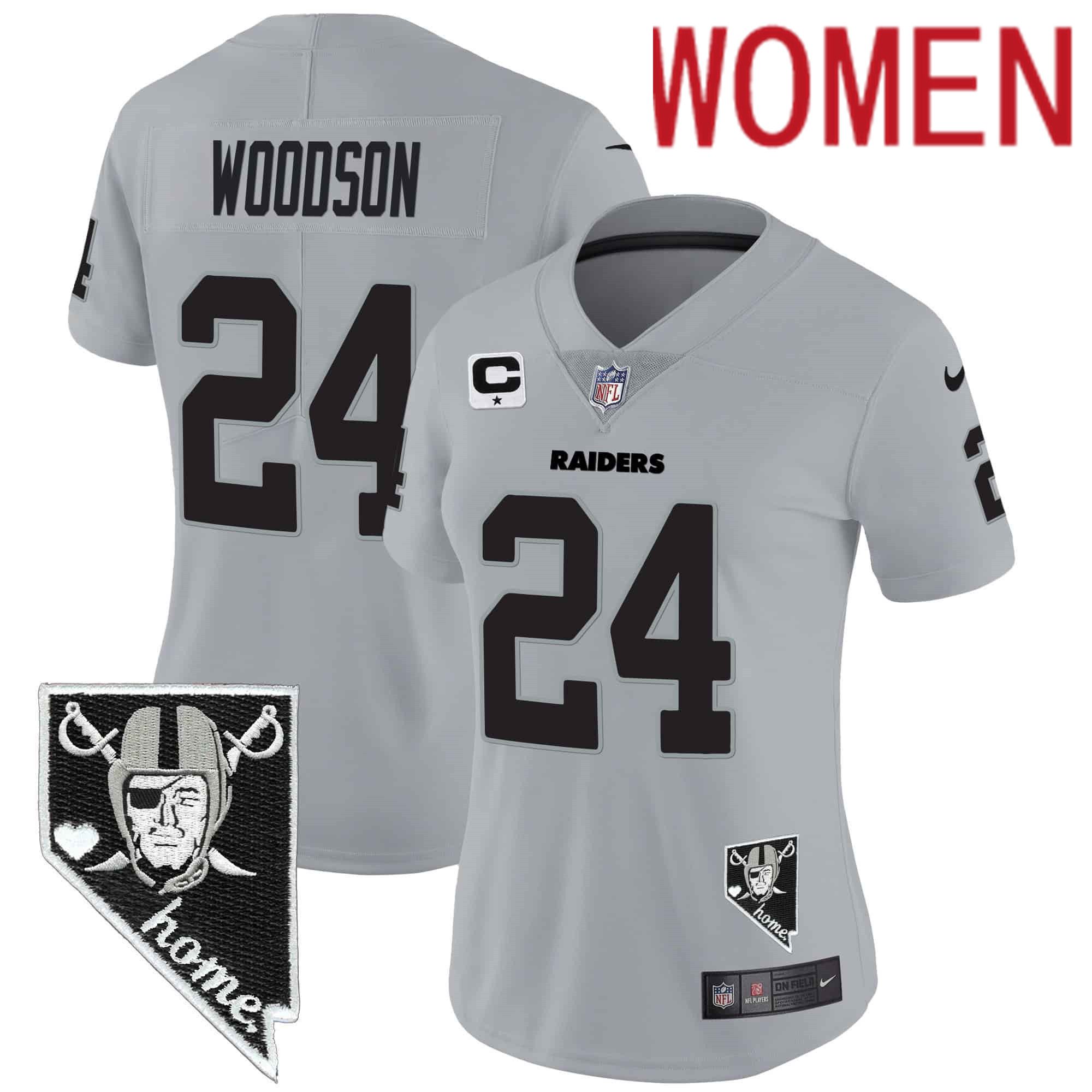 Women Oakland Raiders #24 Woodson Grey 2024 Nike Nevada Home Patch Vapor NFL Jersey
